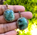 Genuine Pave Diamond Emerald Earrings, Emerald Earrings, Gifts for Her