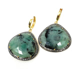 Genuine Pave Diamond Emerald Earrings, Emerald Hoop Earrings, Gifts for Her