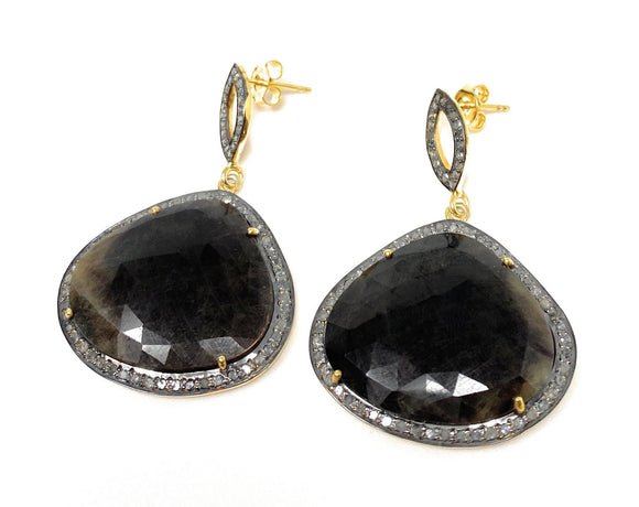 Fancy Sapphire Pave Diamond Earrings, Smoky Sapphire Earrings , Antique Look Gemstone Earrings, Gifts for Her