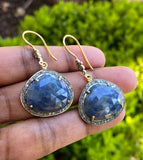 Pave Diamond Sapphire Earrings, Natural Blue Sapphire Gemstone Earrings, Victorian Jewelry, 1.80” x 1”