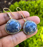 Pave Diamond Sapphire Earrings, Natural Blue Sapphire Gemstone Earrings, Victorian Jewelry, 1.80” x 1”
