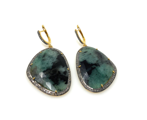 Genuine Emerald Pave Diamond Earrings, Natural Gemstone Earrings, Victorian Jewelry Gifts for Her