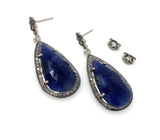 Pave Diamond Blue Sapphire Earrings, Natural Sapphire Gemstone Earrings, Victorian Jewelry, 1.5” x 0.60”