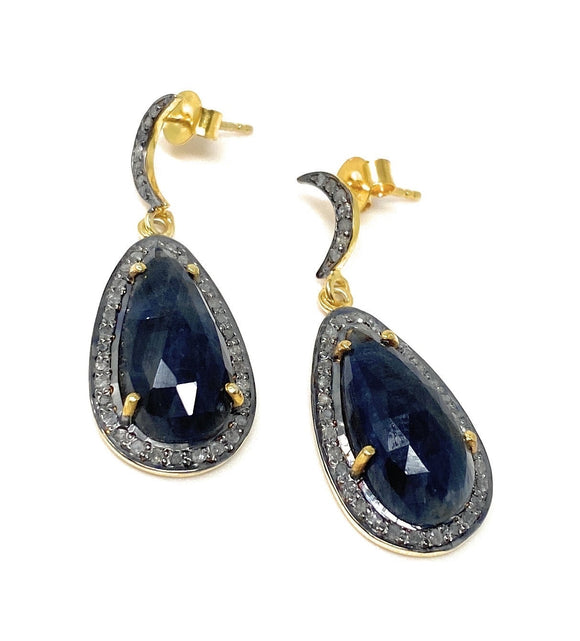 Blue Sapphire Diamond Earrings, Natural Gemstone Pave Diamond Earrings, Moon Dangle Victorian Earrings, 1.5” x 0.60”
