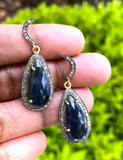 Blue Sapphire Diamond Earrings, Natural Gemstone Pave Diamond Earrings, Moon Dangle Victorian Earrings, 1.5” x 0.60”