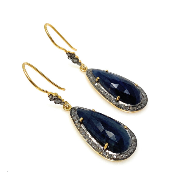 Blue Sapphire Pave Diamond Earrings, Natural Blue Sapphire Gemstone Earrings, Victorian Jewelry, 2” x 0.65”