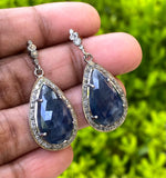 Blue Sapphire Pave Diamond Earrings, Natural Sapphire Gemstone Earrings, Victorian Jewelry, 1.40” x 0.65”