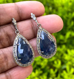 Blue Sapphire Pave Diamond Earrings, Natural Sapphire Gemstone Earrings, Victorian Jewelry, 1.40” x 0.65”