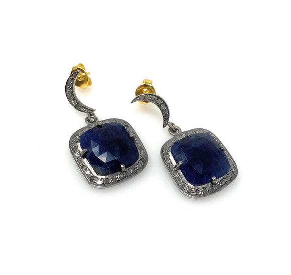 Pave Diamond Sapphire Earrings, Natural Blue Sapphire Gemstone Earrings, Moon Dangle Victorian Earrings, 1.30” x 0.60”