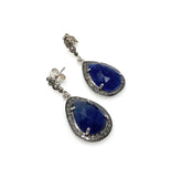 Pave Diamond Blue Sapphire Earrings, Natural Sapphire Gemstone Earrings, Silver Victorian Jewelry, 1.25” x 0.65”