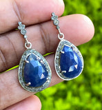 Pave Diamond Blue Sapphire Earrings, Natural Sapphire Gemstone Earrings, Silver Victorian Jewelry, 1.25” x 0.65”
