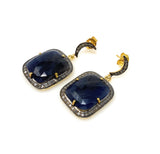 Pave Diamond Sapphire Earrings, Natural Blue Sapphire Gemstone Earrings, Moon Dangle Victorian Earrings, 1.30” x 0.75”