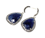Pave Diamond Sapphire Earrings, Natural Blue Sapphire Gemstone Earrings, Moon Dangle Victorian Earrings, 1.35” x 0.65”