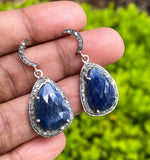 Pave Diamond Sapphire Earrings, Natural Blue Sapphire Gemstone Earrings, Moon Dangle Victorian Earrings, 1.35” x 0.65”