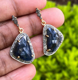 Blue Sapphire Pave Diamond Earrings, Natural Sapphire Gemstone Earrings, Victorian Jewelry, 1.25” x 0.70”