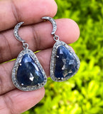 Pave Diamond Sapphire Earrings, Natural Blue Sapphire Gemstone Earrings, Moon Dangle Victorian Earrings, 1.40” x 0.75”