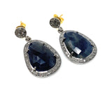 Pave Diamond Sapphire Earrings, Natural Blue Sapphire Gemstone Earrings, Dangle Victorian Earrings, 1.25” x 0.70”