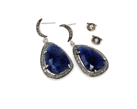 Pave Diamond Sapphire Earrings, Natural Blue Sapphire Gemstone Earrings, Moon Dangle Victorian Earrings, 1.35” x 0.65”