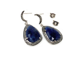 Pave Diamond Sapphire Earrings, Natural Blue Sapphire Gemstone Earrings, Moon Dangle Victorian Earrings, 1.35” x 0.65”