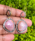 Pink Sapphire Gemstone Earrings, Pave Diamond Earrings, September Birthstone Healing Crystal Jewelry, Spiritual Jewelry, Heart Chakra Stone
