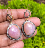 Pink Sapphire Gemstone Earrings, Pave Diamond Earrings, September Birthstone Healing Crystal Jewelry, Spiritual Jewelry, Heart Chakra Stone