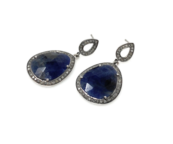 Pave Diamond Blue Sapphire Earrings, Natural Sapphire Gemstone Earrings, Silver Victorian Jewelry, 1.5” x 0.80”