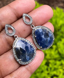 Pave Diamond Blue Sapphire Earrings, Natural Sapphire Gemstone Earrings, Silver Victorian Jewelry, 1.5” x 0.80”