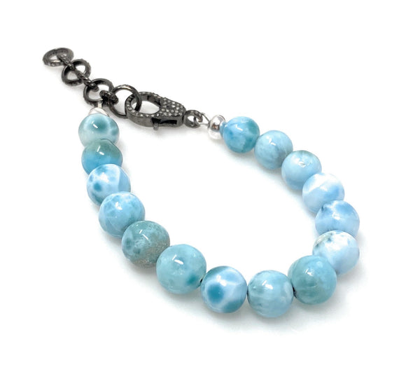 Genuine Larimar Gemstone Bracelet, Pave Diamond Adjustable Bracelet, Dominican Republic Larimar Jewelry, 9mm - 10mm