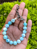 Genuine Larimar Gemstone Bracelet, Pave Diamond Adjustable Bracelet, Dominican Republic Larimar Jewelry, 9mm - 10mm