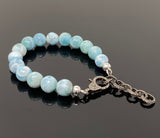 10mm Genuine Larimar Gemstone Bracelet, Pave Diamond Adjustable Bracelet, Dominican Republic Larimar Jewelry