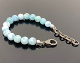 10mm Genuine Larimar Gemstone Bracelet, Pave Diamond Adjustable Bracelet, Dominican Republic Larimar Jewelry