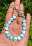 10mm Genuine Larimar Gemstone Bracelet, Pave Diamond Adjustable Bracelet, Dominican Republic Larimar Jewelry