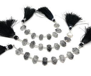 8 Pcs Black Rutile Double Terminated Beads, Hand Carved Black Rutile Gemstone Fancy Wand Shape Beads for Wire Wrapping, 6x12mm