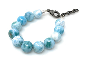 Rare Genuine Larimar Gemstone Bracelet, Pave Diamond Adjustable Bracelet, Dominican Republic Larimar Jewelry, 13mm - 13.5mm