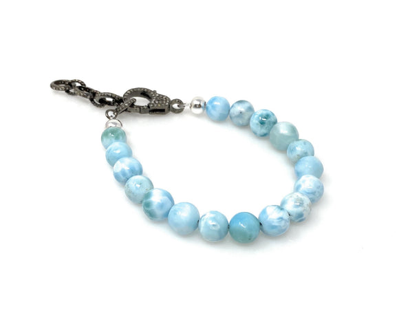 Genuine Larimar Gemstone Bracelet, Pave Diamond Adjustable Bracelet, Dominican Republic Larimar Jewelry