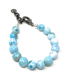 Genuine Larimar Gemstone Bracelet, Pave Diamond Adjustable Bracelet, Dominican Republic Larimar Jewelry, 9mm - 10mm