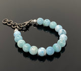 10mm Genuine Larimar Gemstone Bracelet, Pave Diamond Adjustable Bracelet, Dominican Republic Larimar Jewelry