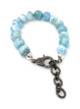 10mm Genuine Larimar Gemstone Bracelet, Pave Diamond Adjustable Bracelet, Dominican Republic Larimar Jewelry
