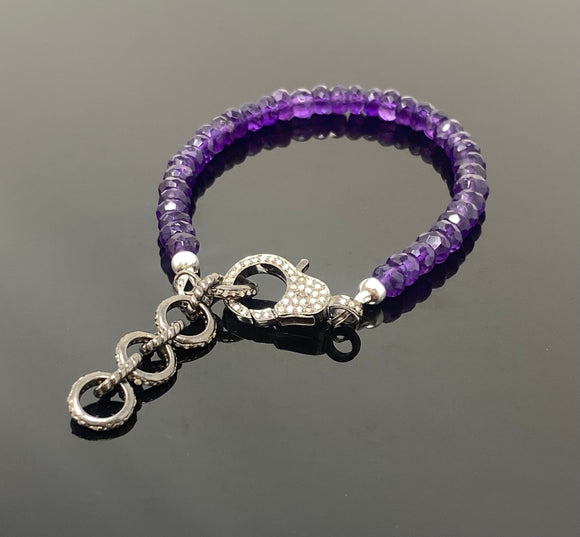 Natural Amethyst Gemstone Bracelet, Pave Diamond Adjustable Bracelet, Amethyst Jewelry, February Birthstone Jewelry