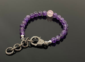 Natural Amethsyt and Rose Quartz Gemstone Bracelet, Pave Diamond Adjustable Bracelet, AAA Grade, Gifts for Her