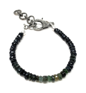 Natural Black Tourmaline Gemstone Bracelet, Pave Diamond Adjustable Bracelet, Black Tourmaline Protection Jewelry, October Birthstone