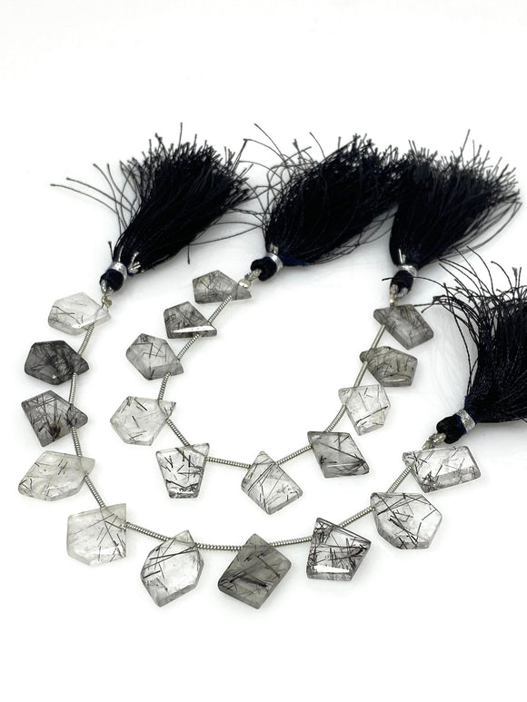 10 Pcs Black Rutile Faceted Fancy Slice Beads, Black Rutilated Quartz Gemstone Beads for Jewelry Making, 11x9mm - 17x14mm