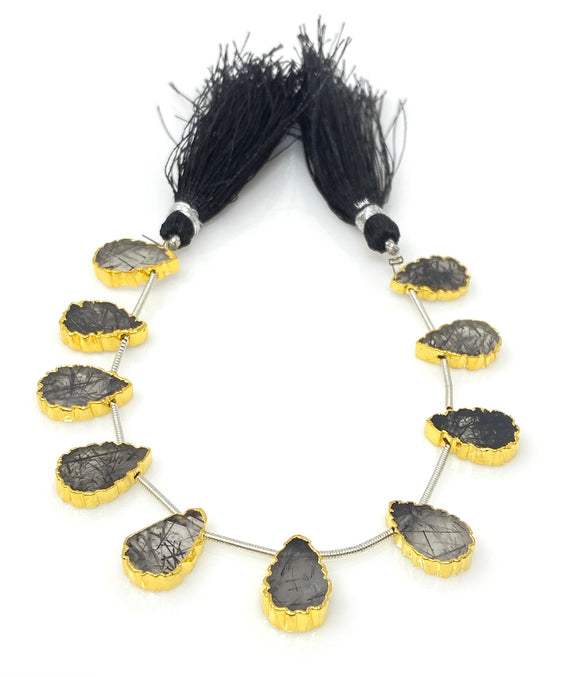 10 Pcs Black Rutile Electroplated Slice Beads, Black Rutilated Quartz Gemstone Wholesale Beads 14x9mm - 15x10mm
