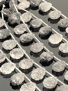 10 Pcs Black Rutile Carved Gemstone Beads, Black Rutilated Quartz Flower Carving Beads for Jewelry Making, 13x9mm - 14x10mm