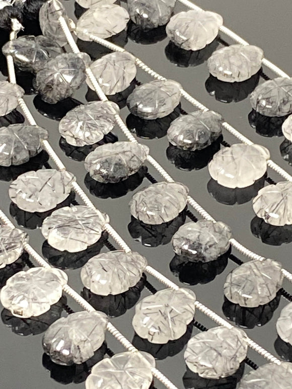 10 Pcs Black Rutile Carved Gemstone Beads, Black Rutilated Quartz Flower Carving Beads for Jewelry Making, 13x9mm - 14x10mm