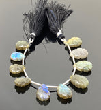 10 Pcs Labradorite Carved Gemstone Beads, Labradorite Flower Carving Pear Shape Beads for Jewelry Making, 14x10mm