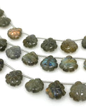 10 Pcs Labradorite Carved Gemstone Beads, Labradorite Flower Carving Heart Shape Beads for Jewelry Making, 12x12mm