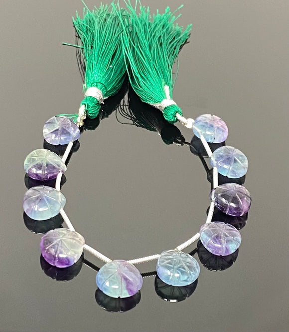 10 Pcs Fluorite Carved Gemstone Beads, Natural Fluorite Flower Carving Heart Shape Beads for Jewelry Making, 12x12mm
