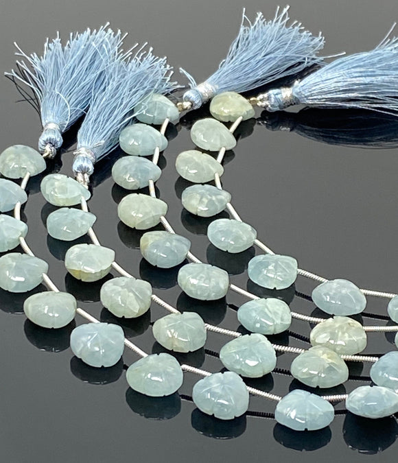 10 Pcs Aquamarine Carved Gemstone Beads, Aquamarine Flower Carving Pear Shape Beads for Jewelry Making, 12mm - 12.5mm