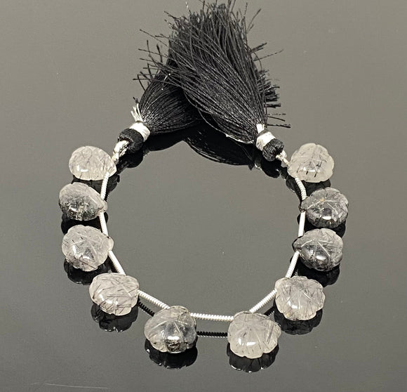 10 Pcs Black Rutile Carved Gemstone Beads, Black Rutilated Quartz Flower Carving Beads Heart Shape for Jewelry Making, 12x12mm